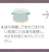 ②途中沸騰して吹きこぼれない程度に火加減を調整し、4分を目安にゆがいてください。