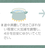 ②途中沸騰して吹きこぼれない程度に火加減を調整し、4分を目安にゆがいてください。